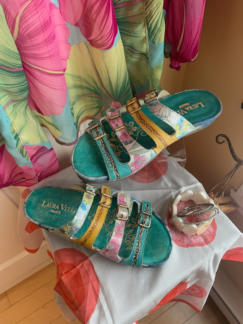 LILLO Teal Multi-Color Buckle Slide leather Sandals LAURA VITA